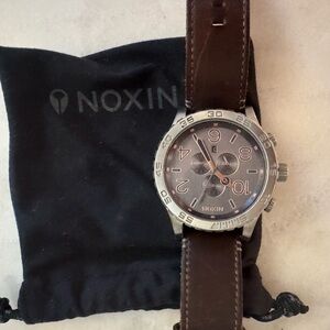 Nixon Brown Leather Strap Watch with Silver Bezel and Dark Dial
